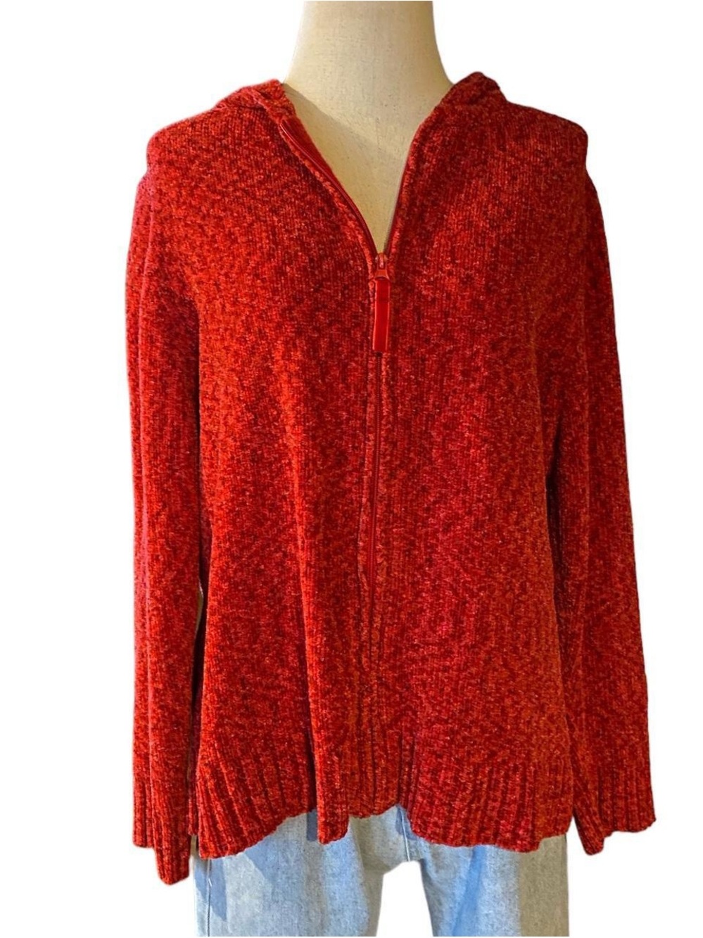 White Stag Red Chenille Zip-Up Hooded Cardigan